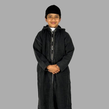 Boys Premium Ash Black Hooded Moroccan Thobe for Eid and Formal Events