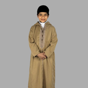 Kids Premium Beige Hooded Thobe Moroccan Style for Weddings and events