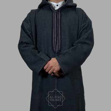 Luxury Steel Blue Hooded Moroccan Thobe