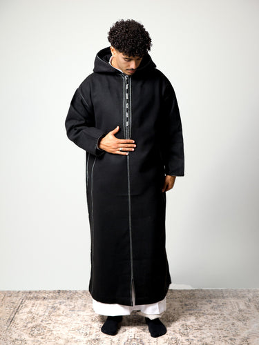 Luxury Coal Black hooded Moroccan djellaba – view 2