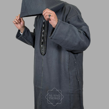 Luxury Brooklyn Grey Hooded Moroccan Thobe (Open/Slit Pockets)