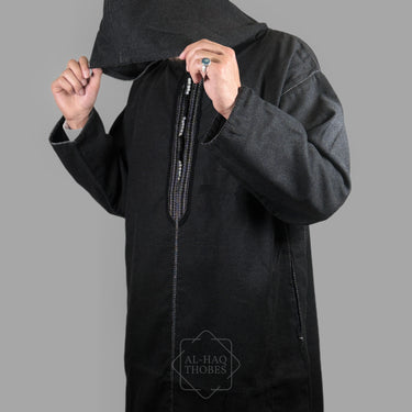 Luxury Ash Black Hooded Moroccan Thobe