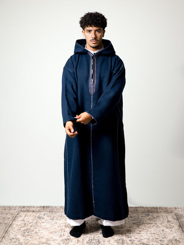Luxury Pacific Navy hooded Moroccan djellaba – view 2