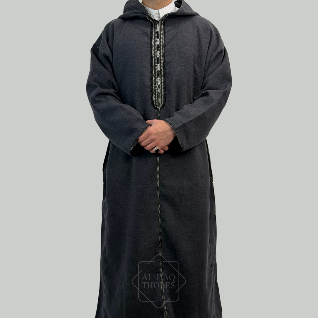Normal Thobe Luxury Slate Black Hooded Moroccan Thobe - Shop Now – Al-Haq Thobes