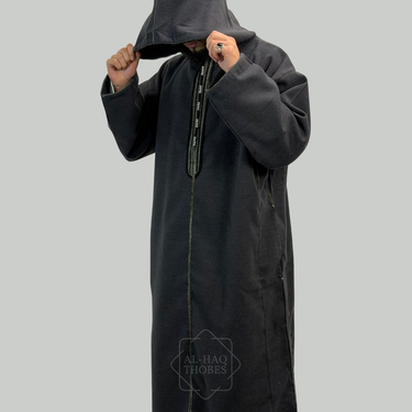 Luxury Slate Black Hooded Moroccan Thobe